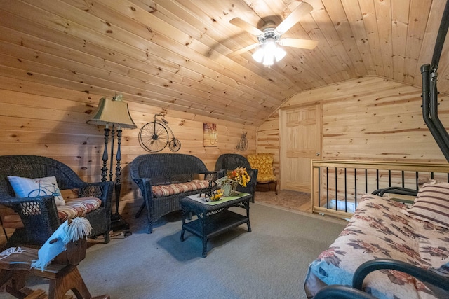4602 State Route 273, Belle Center, OH 43310 - carpeted living area featuring wood walls, vaulted ceiling, ceiling fan, and wooden ceiling