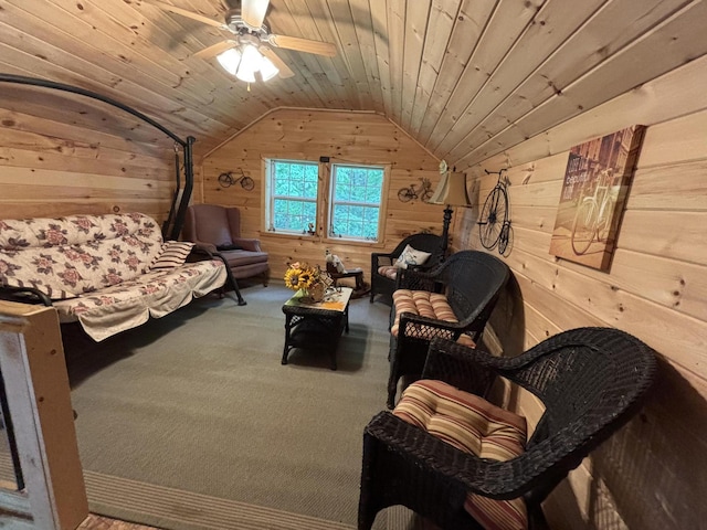 4602 State Route 273, Belle Center, OH 43310 - sitting room with wood walls, vaulted ceiling, carpet floors, and a ceiling fan