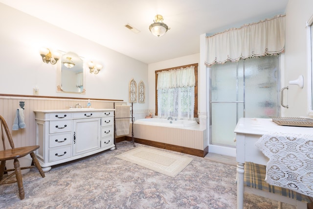 4602 State Route 273, Belle Center, OH 43310 - full bath with a stall shower, a bath, vanity, and a wainscoted wall