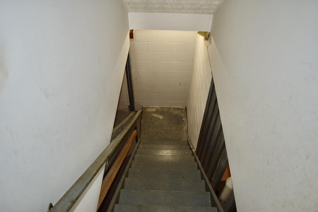 stairs with concrete block wall