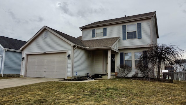 traditional home featuring an attached garage, driveway, a front lawn, and a shingled roof