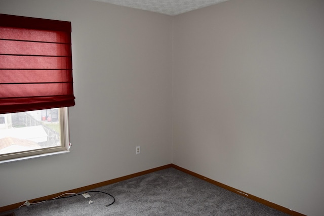 empty room with carpet floors, baseboards, and a textured ceiling