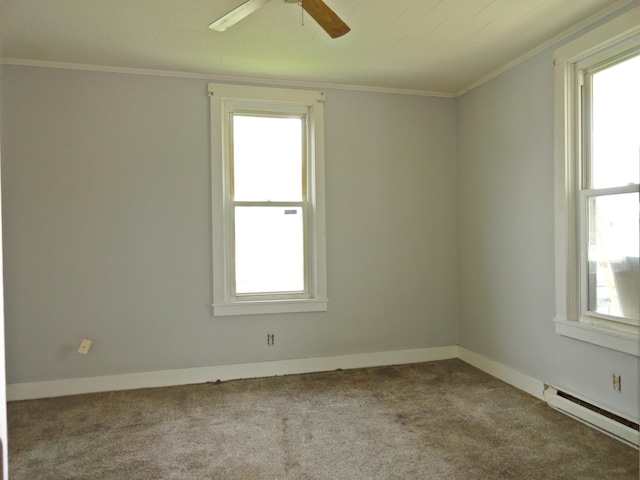 203 N Koke St, De Graff, OH 43318 - spare room featuring a baseboard radiator, carpet floors, ceiling fan, and crown molding