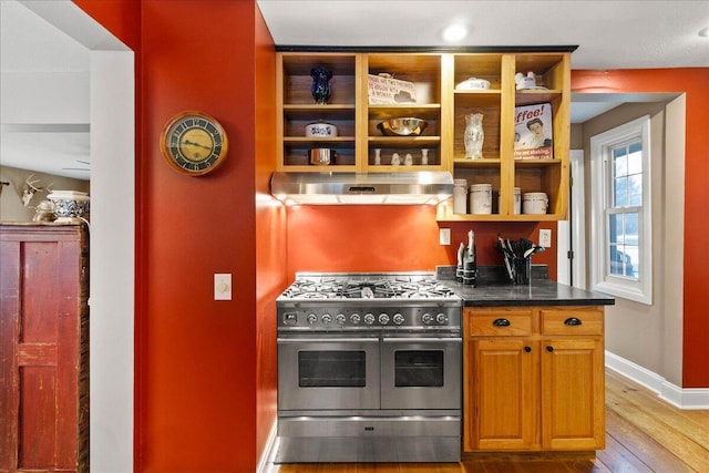 kitchen with double oven range and light hardwood / wood-style floors