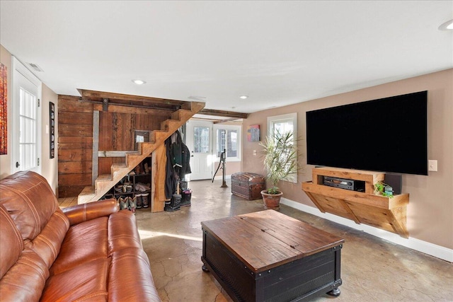 living room with a fireplace