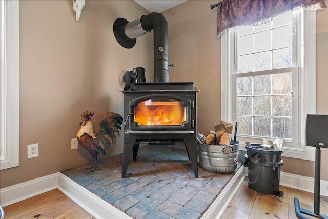 room details with hardwood / wood-style flooring and a wood stove