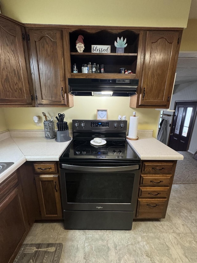 411 Middle St, Wapakoneta, OH 45895 - kitchen with black electric range, under cabinet range hood, light countertops, and open shelves