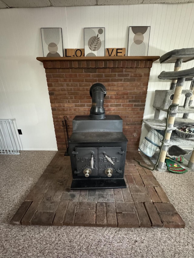 411 Middle St, Wapakoneta, OH 45895 - detailed view of a wood stove and carpet flooring
