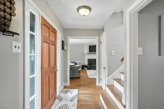 650 Swailes Rd, Troy, OH 45373 - foyer with light wood-style floors, stairs, and a glass covered fireplace
