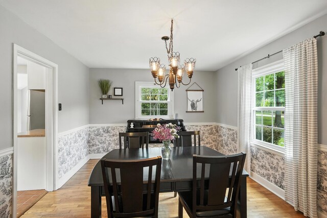 650 Swailes Rd, Troy, OH 45373 - dining space featuring a chandelier, healthy amount of natural light, wood finished floors, a wainscoted wall, and wallpapered walls