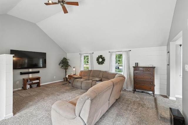 650 Swailes Rd, Troy, OH 45373 - carpeted living room with lofted ceiling and a ceiling fan