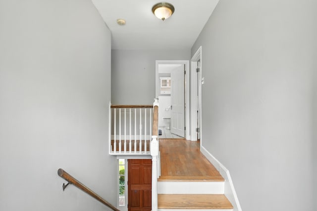 650 Swailes Rd, Troy, OH 45373 - staircase featuring baseboards and wood finished floors