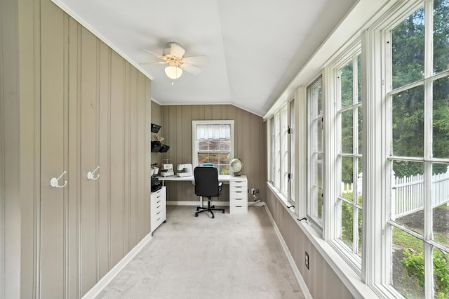 650 Swailes Rd, Troy, OH 45373 - office with ceiling fan, lofted ceiling, and light colored carpet