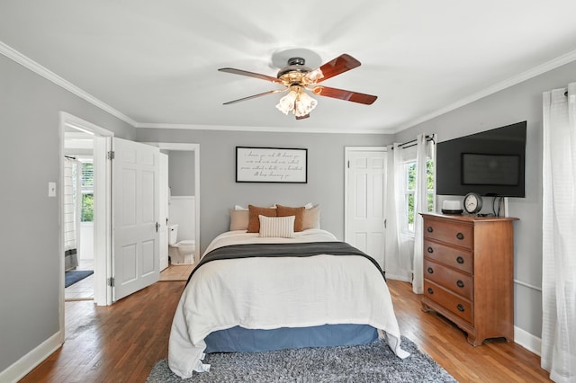 650 Swailes Rd, Troy, OH 45373 - bedroom with wood finished floors, ornamental molding, a ceiling fan, ensuite bath, and a closet