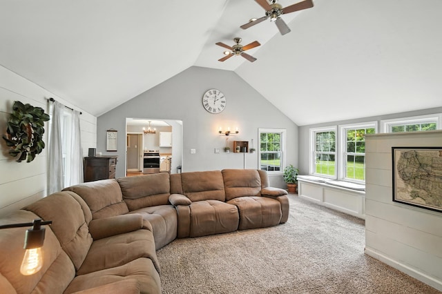 650 Swailes Rd, Troy, OH 45373 - carpeted living area featuring a chandelier, lofted ceiling, and ceiling fan