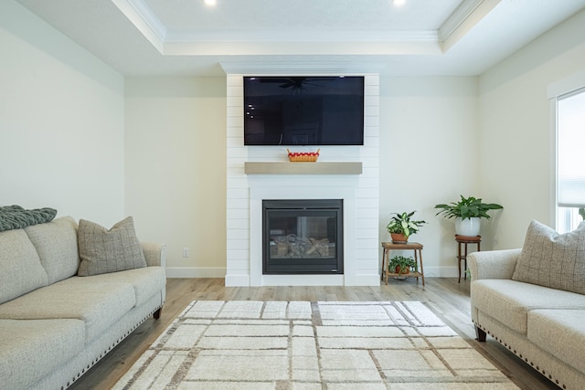 210 N Branch, Tipp City, OH 45371 - living area with a tray ceiling, ornamental molding, wood finished floors, a large fireplace, and plenty of natural light