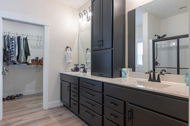 210 N Branch, Tipp City, OH 45371 - bathroom with double vanity, wood finished floors, a walk in closet, and a shower with door