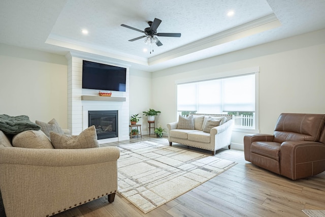 210 N Branch, Tipp City, OH 45371 - living area with a raised ceiling, crown molding, wood finished floors, ceiling fan, and a fireplace