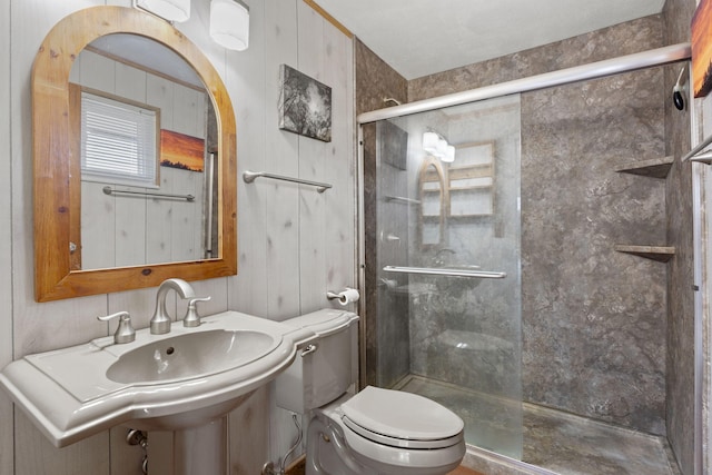 bathroom featuring sink, a shower with door, and toilet