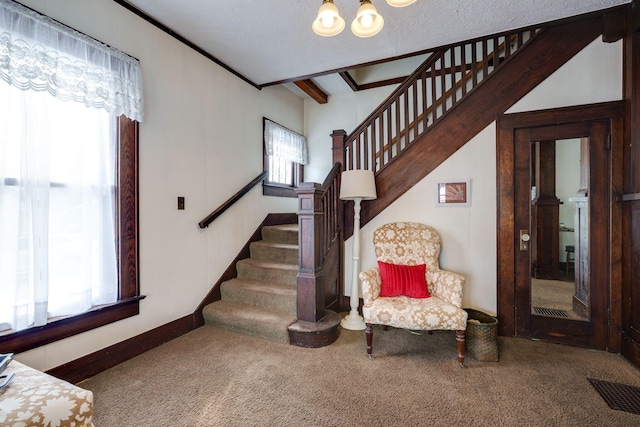 stairs featuring carpet, crown molding, and beam ceiling