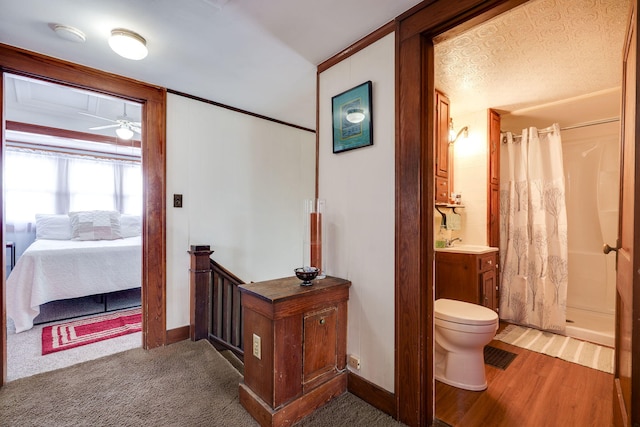 bathroom with toilet, vanity, curtained shower, and wood-type flooring