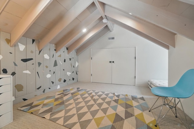 202 Fairfield Pike Unit A, Yellow Springs, OH 45387 - additional living space featuring visible vents, light carpet, and vaulted ceiling with beams