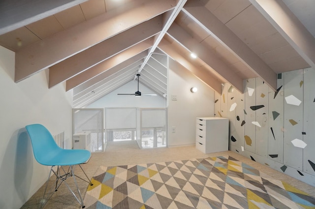 bonus room featuring vaulted ceiling with beams and ceiling fan