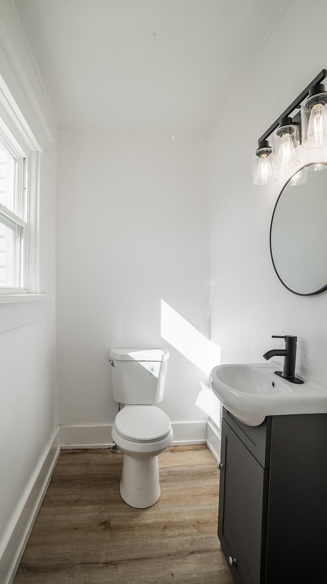 bathroom with baseboards, vanity, toilet, and wood finished floors