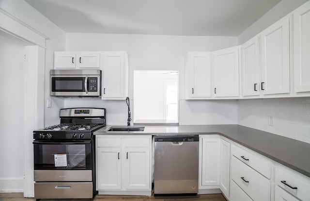 kitchen featuring white cabinetry, stainless steel appliances, and a sink