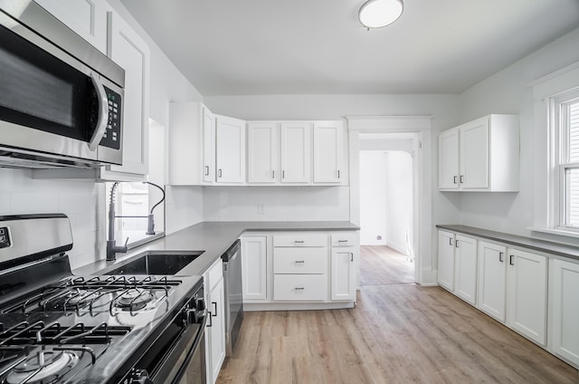 kitchen with tasteful backsplash, appliances with stainless steel finishes, white cabinets, a sink, and light wood-type flooring