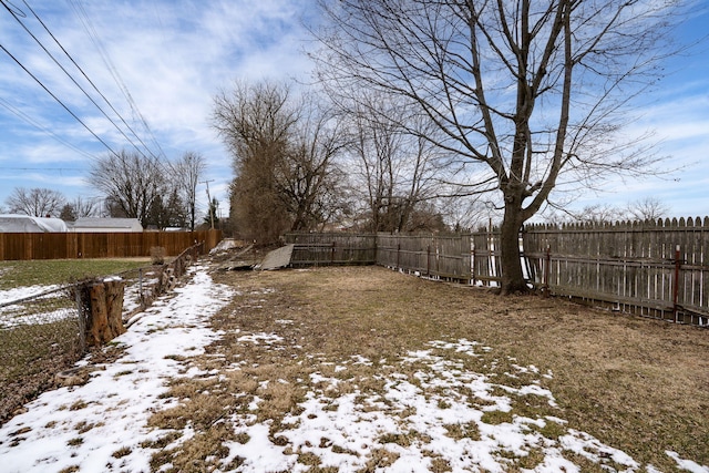 yard covered in snow featuring a fenced backyard