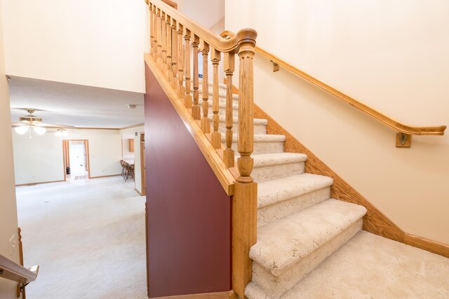 129 Tanglewood Dr, West Liberty, OH 43357 - stairs featuring carpet floors, a ceiling fan, and baseboards