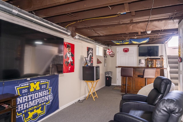 1920 Coventry Rd, Dayton, OH 45420 - below grade area featuring carpet, baseboards, stairs, and a dry bar