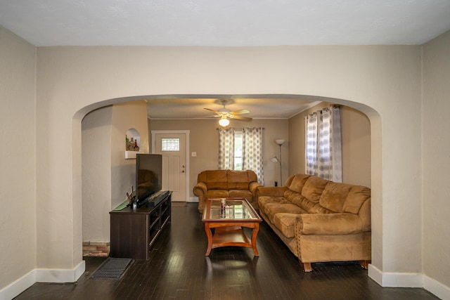 1920 Coventry Rd, Dayton, OH 45420 - living area with wood-type flooring, baseboards, ceiling fan, and arched walkways