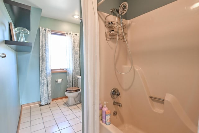 bathroom with shower / bath combination with curtain, baseboards, toilet, and tile patterned floors