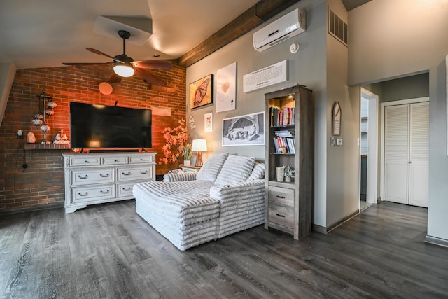 unfurnished room with dark wood-style floors, a wall mounted AC, vaulted ceiling, and visible vents