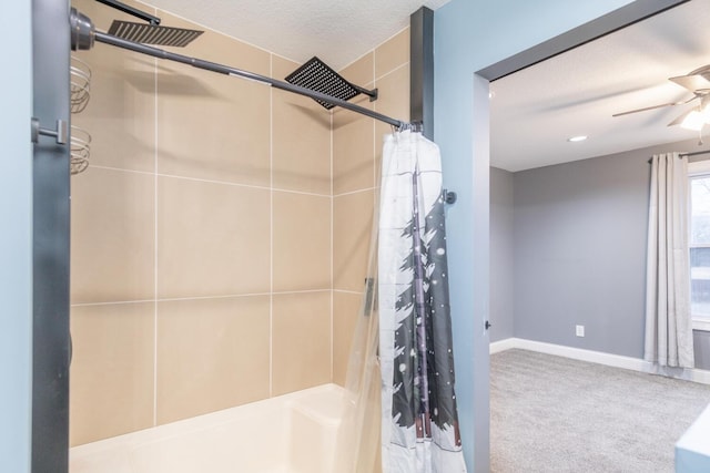 bathroom with shower / bath combination with curtain, ceiling fan, and a textured ceiling