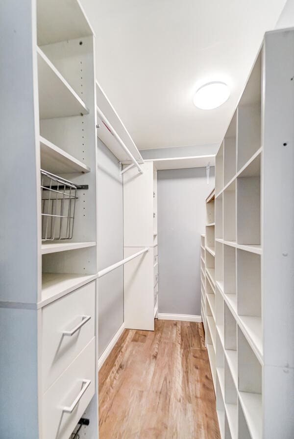 spacious closet with light hardwood / wood-style flooring