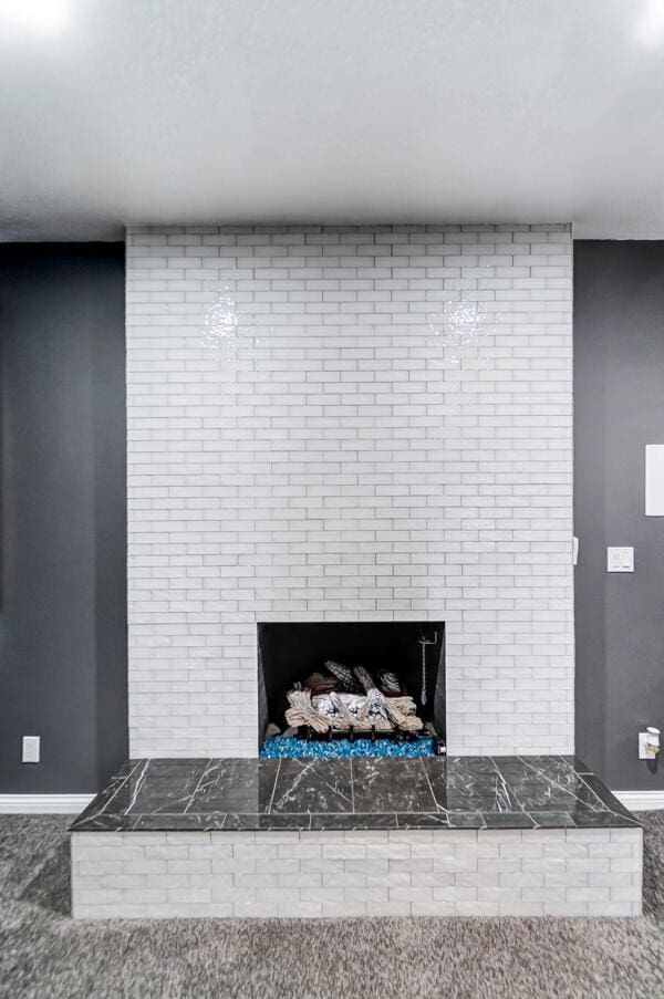 details featuring carpet flooring and a fireplace