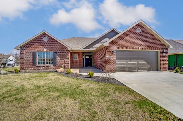 ranch-style home with brick siding, a front yard, driveway, and an attached garage