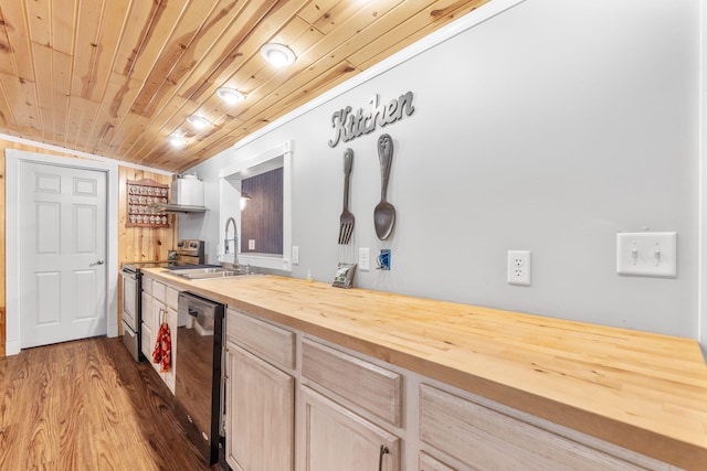 kitchen featuring exhaust hood, a sink, stainless steel range with electric stovetop, wood finished floors, and dishwashing machine