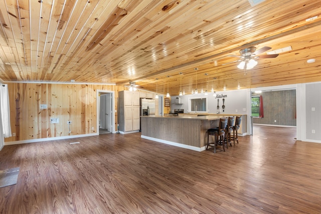 kitchen featuring open floor plan, ceiling fan, dark wood-style floors, and stainless steel appliances