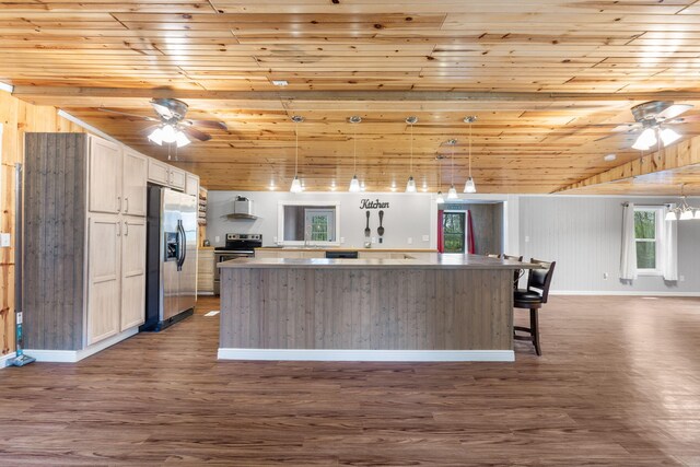 kitchen featuring a ceiling fan, wood ceiling, appliances with stainless steel finishes, and dark wood finished floors