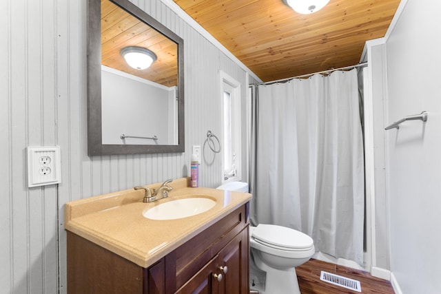 bathroom with wood ceiling, visible vents, wood finished floors, vanity, and toilet