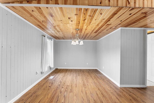 interior space with an inviting chandelier, ornamental molding, visible vents, wood walls, and wood finished floors
