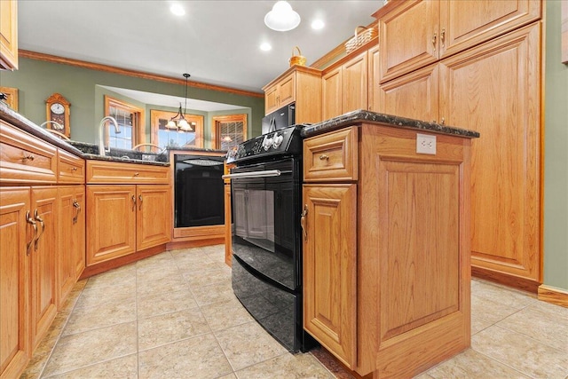 kitchen featuring hanging light fixtures, range, dishwasher, dark stone countertops, and crown molding