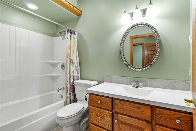 full bathroom with vanity, toilet, and shower / bathtub combination with curtain