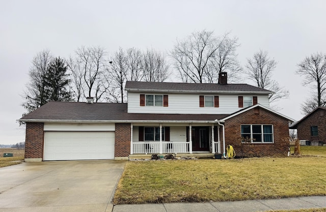 view of property with a garage, a porch, a front yard, and cooling unit