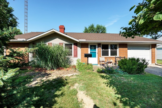 413 Weinland St, New Carlisle, OH 45344 - single story home with brick siding, an attached garage, a chimney, and driveway