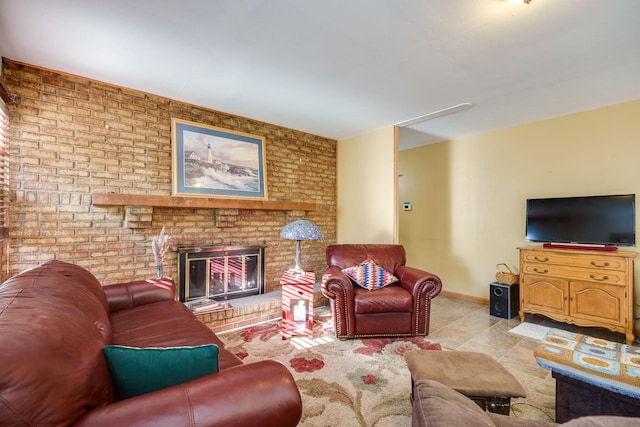 413 Weinland St, New Carlisle, OH 45344 - tiled living area featuring a fireplace and brick wall